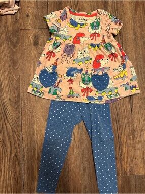 Mini Boden Peach Puppy Print Top with Blue Polka Dot Leggings Set